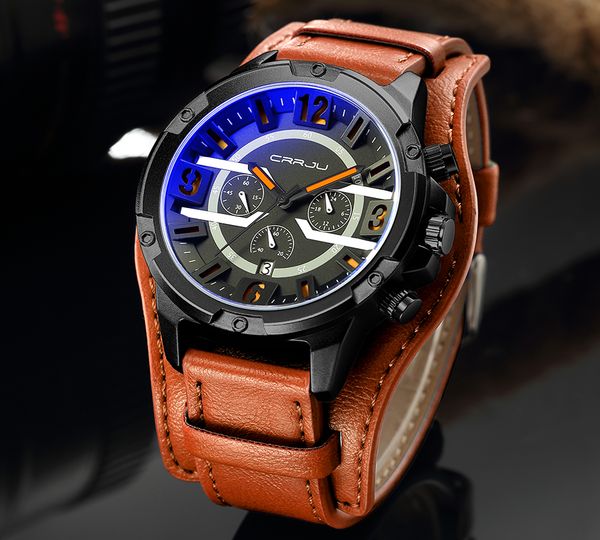 

2020 crrju new brand luxury mens leather strap watch waterproof casual quartz wristwatch for men relogio masculino, Slivery;brown