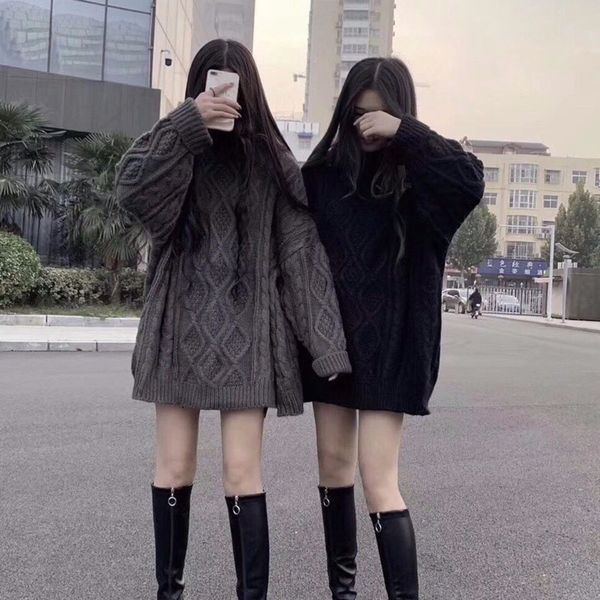 

new 2021 retro-loose thick medium long sweater 1c4e, White;black