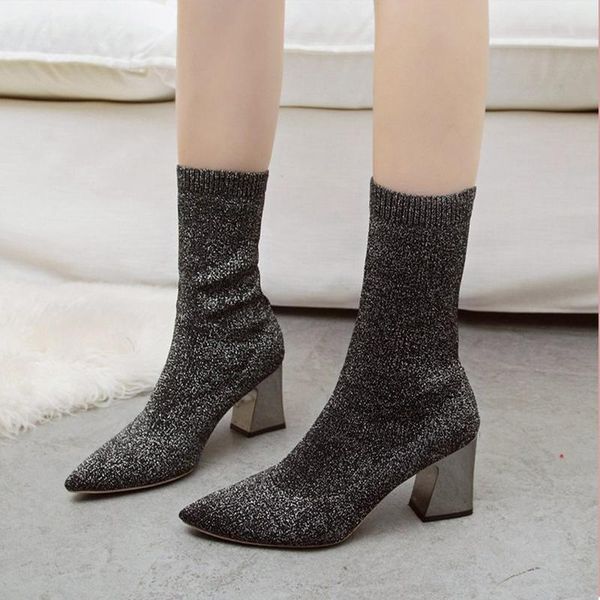 

boots women's mid-calf sock autumn women pointed toe high heel 2021 woman metal pumps ladies fashion elastic stretch female shoe, Black