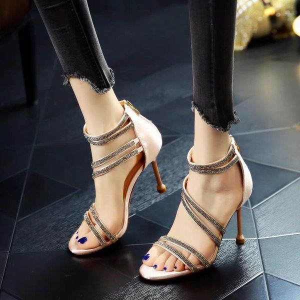 

лето шампанского горный хрусталь высокие каблуки открытый носок тонкой пятки моды горный хрусталь сексуальный банкет платье обувь римские са, Black