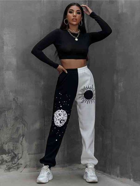 

women clothing autumn and winter pants harajuku elastic waist pocket side graphic print korean fashion color block trousers, Black;white