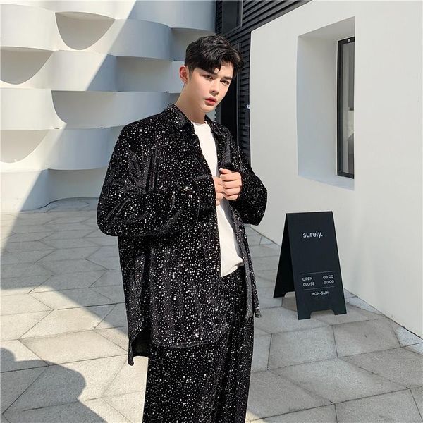 

vintage fashion shirt coat long sleeve 2 pcs sets shirt+pant male shining casual cardigan streetwear hip hop outerwear men b70, White;black