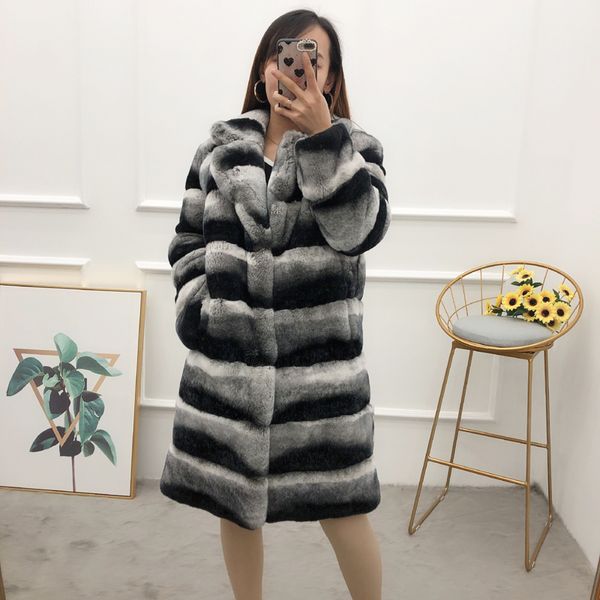 

chinchilla new coats rex true rabbit fur coat of women warm winter siut collar real skin totoro outerwear female jacket qs80, Black
