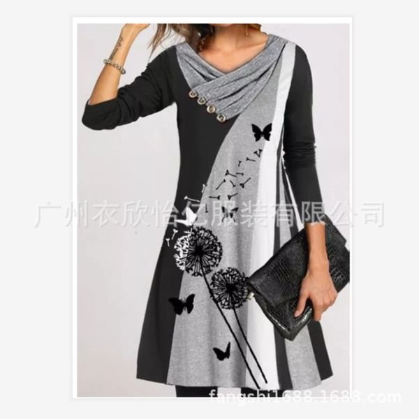 

women's autumn / winter dandelion print multi contrast long sleeve drs, Black;gray