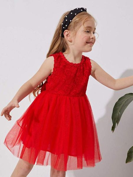

toddler girls contrast lace big bow back dress she, Red;yellow