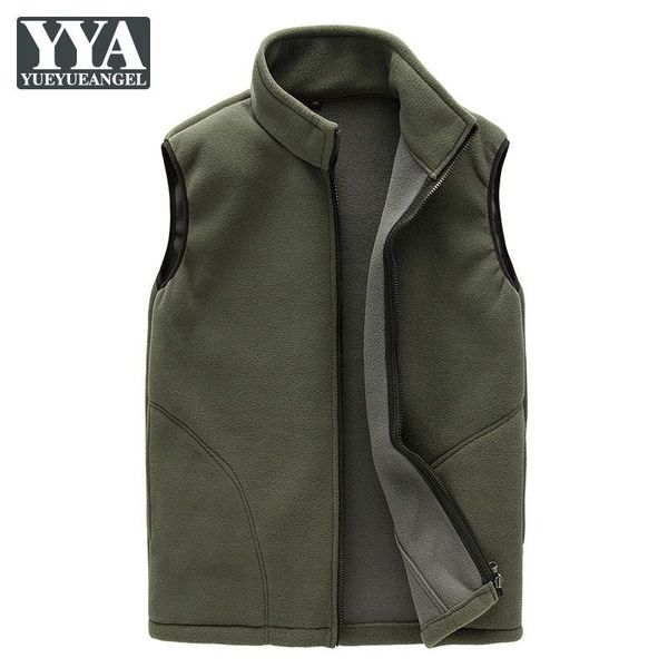 

men's vests winter fleece waistcoat mens stand collar outdoor vest solid slim fit casual sleeveless jacket male army green tactical, Black;white