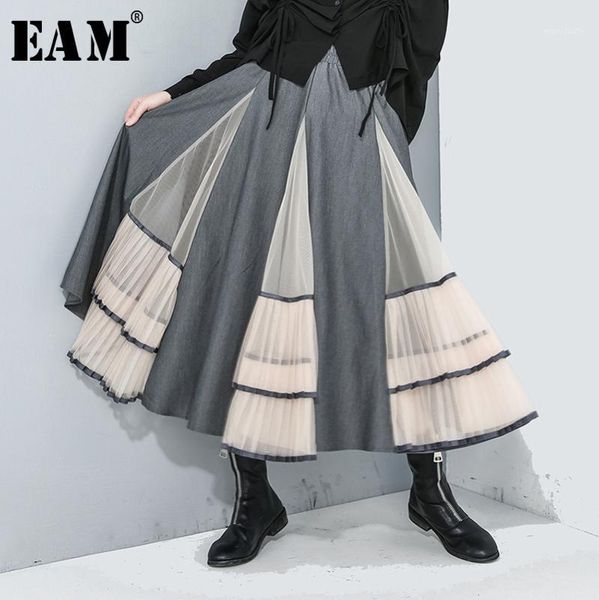 

eam] high elastic waist gray mesh split pleated temperament cake half-body skirt women fashion new spring autumn 2020 1r1871, Black
