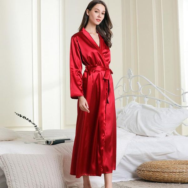 

2020 summer new female turn-down collar robe kimono bathrobe gown women lengthen robe sleepwear nightgown lady wedding gift, Black;red