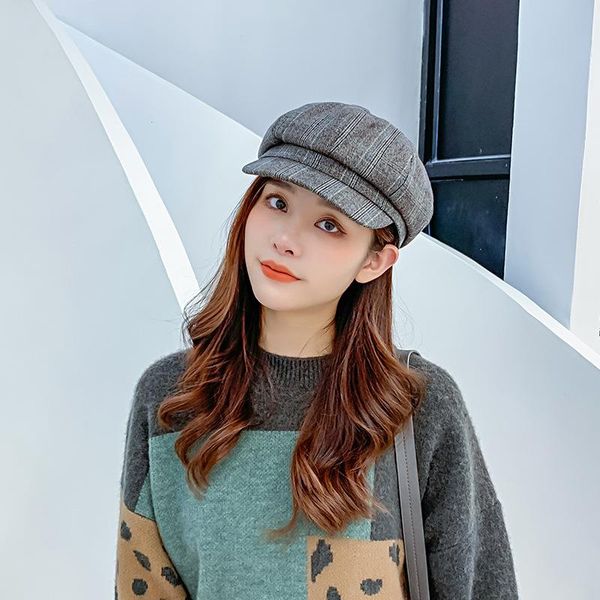 

berets fashion retro art octagonal hat for women autumn winter casual plaid artist british style woolen woman hats, Blue;gray