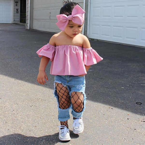 

kids girls off shoulder denim hole pants 3pcs outfits set clothes t200707, White