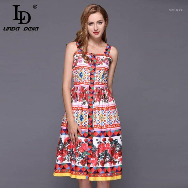 

ld linda della 2020 fashion designer summer dress women's spaghetti strap elegant rose floral print button midi dress1, Black;gray
