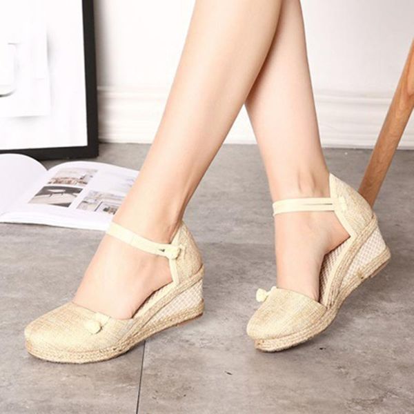

fashion women sandals summer ladies retro linen canvas wedge round toe casual sandals singles shoes zapatos de mujer lady shoes*, Black