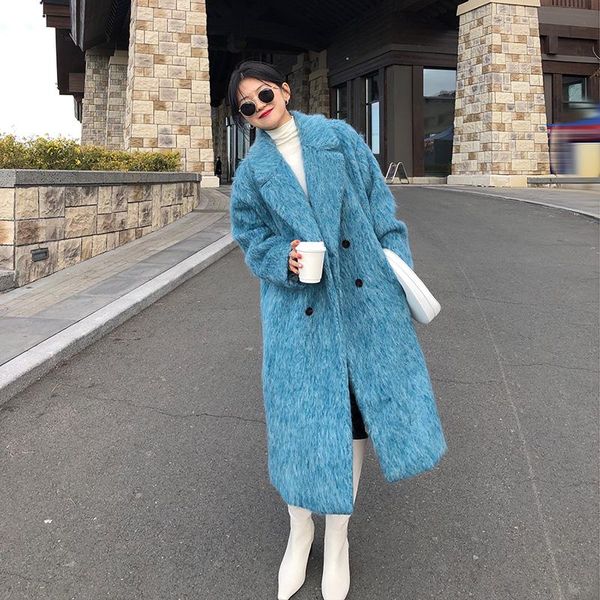 

ewq]2020 winter elegant over knee style turn-down collar long-sleeved solid color straight minimalist woolen overcoat 8d659, Black