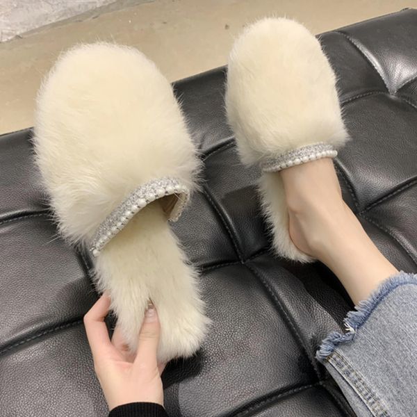 

low flock shoes woman 2020 woman's slippers fur flip flops loafers cover toe luxury slides string bead new plush flat designer x1020, Black