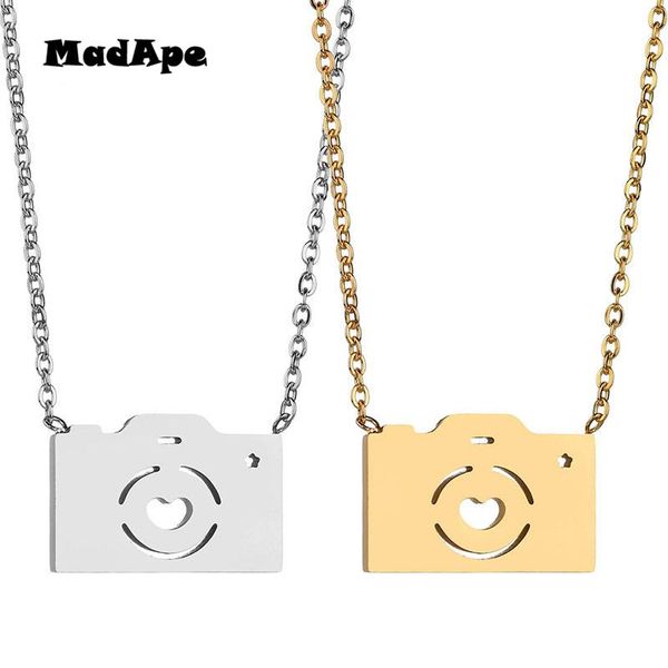 

pendant necklaces madape classic hollow camera choker necklace for women lover's gold stainless steel chain gift friends, Silver