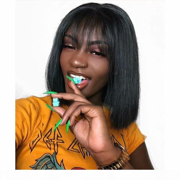 

short bob lace front wigs with air bang brazilian human hair pre plucked full end 150% density brazilian straight bob wigs bleached knots, Black;brown
