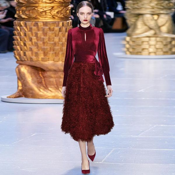 

velvet dress lace fabric 2020 winter lantern sleeve lace-up patchwork elegant dresses tassel party night vintage princess dress, Black;gray