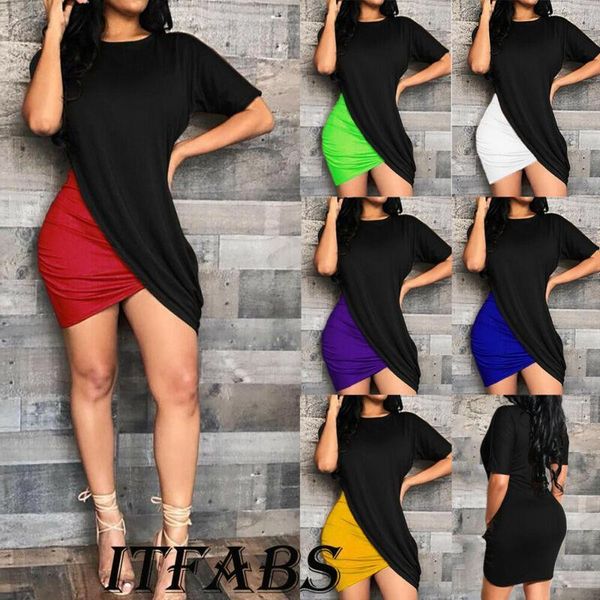 

women summer boho bandage bodycon casual short sleeve patchwork mini dress evening party beach stretch dress sundress plus size, Black;gray