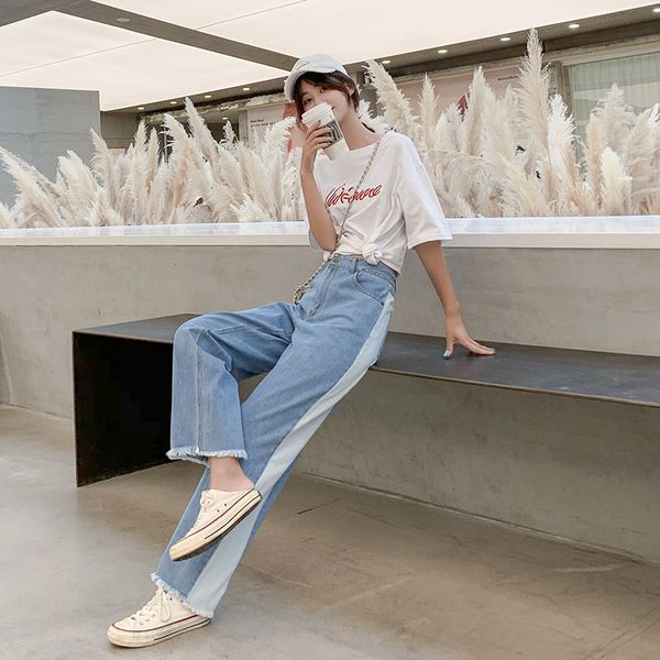 

elegant jeans women's 20 autumn new straight tube nine point slim high waist fashion white collar commuter daddy pants, Blue