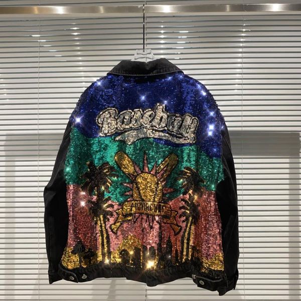 

2020 background in new the cartoons color paillette punk denim female short jacket 87or, Black;brown