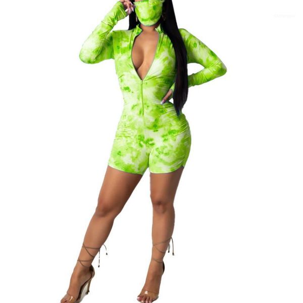

2020 women short jumpsuits rompers playsuits v-neck print full sleeve street night club party one piece outfits with mask1, Black;white