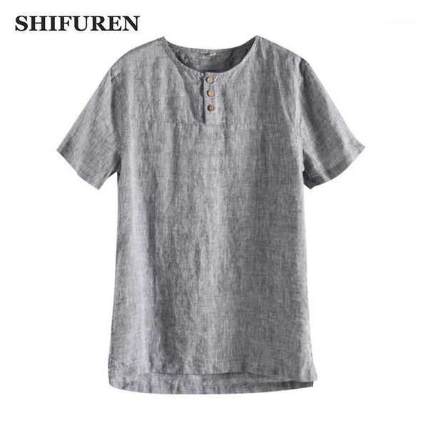 

shifuren summer breathable short sleeve men shirts 100% pure linen henry collar causal male social shirts solid color1, White;black