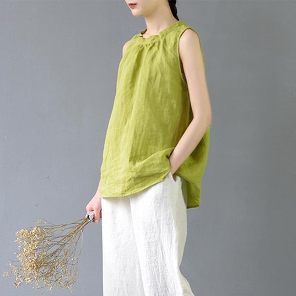 

2021 women summer crop solid 100% ramie vest loose sleeveless tank vestidos casual blusa female s359, White