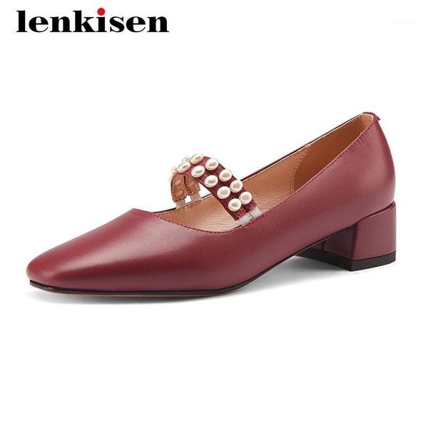 

dress shoes lenkisen large size gladiator real cow leather pearl decorations all-match square toe thick med heel slip on women pumps l391, Black