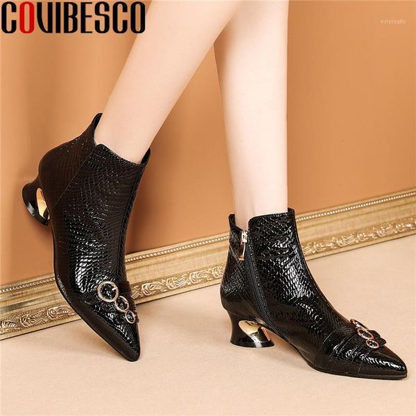 

boots covibesco 2021 women ankle autumn winter shoes woman genuine leather metal decoration pointed toe thick heels boots1, Black