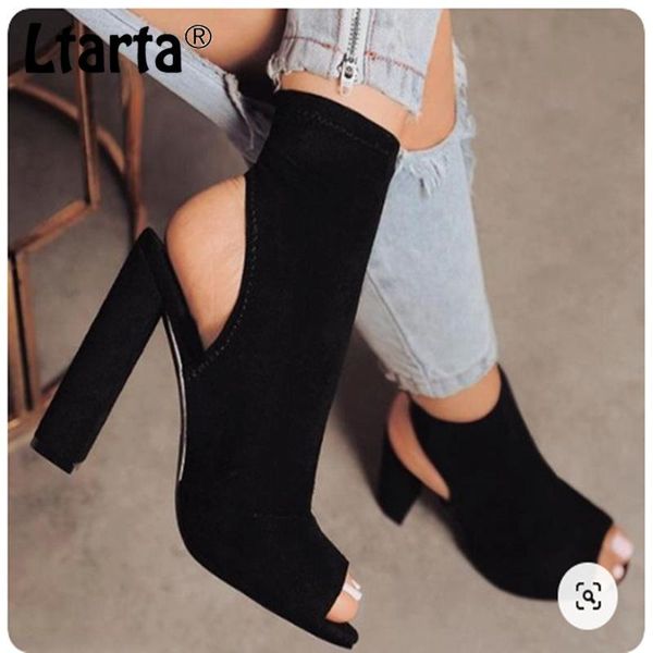 

sandals ltarta 2021 women's shoes high heel elastic suede toe chunky boots black roman cool cwf