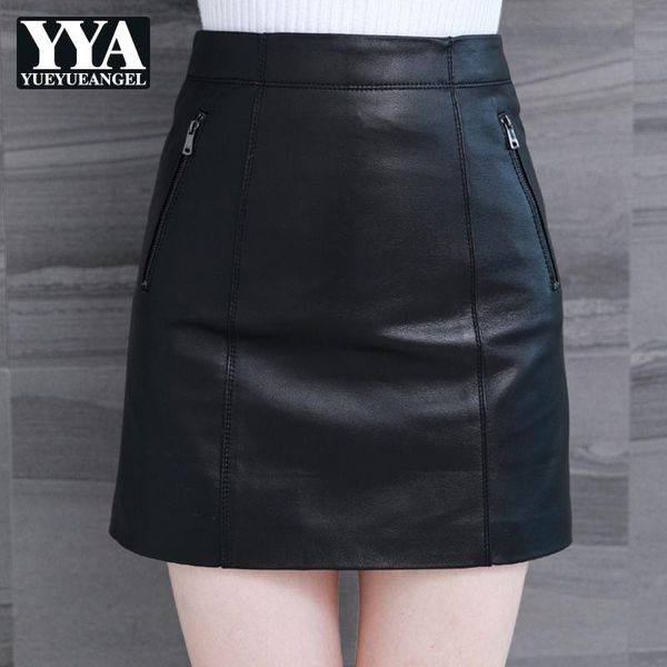 

2021 spring autumn new sheepskin genuine leather mini a-line skirts women high waist natural leather plus size skirts lady, Black