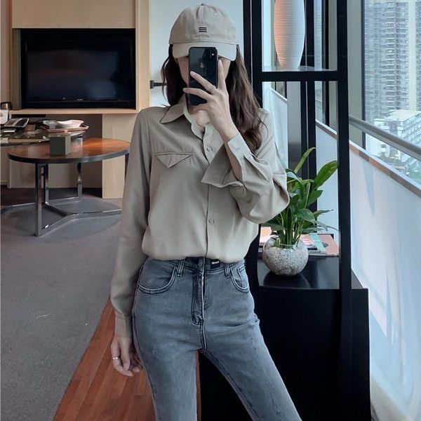 

fall 2019 new style retro-looking pure-color shirt loose long-sleeved shirt korean version of student jacket women's wear1, White