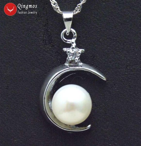 

chokers qingmos 18mm moon shape pendants & necklace for women with 9-10mm natural white flat round pearl 17" silver plated chain-nec613, Golden;silver