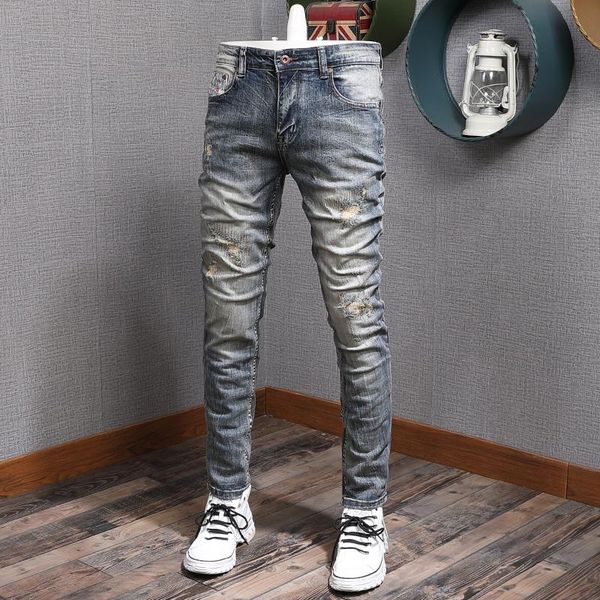 

italian style fashion men jeans retro blue wash elastic slim fit ripped cotton denim pants homme vintage designer long trousers