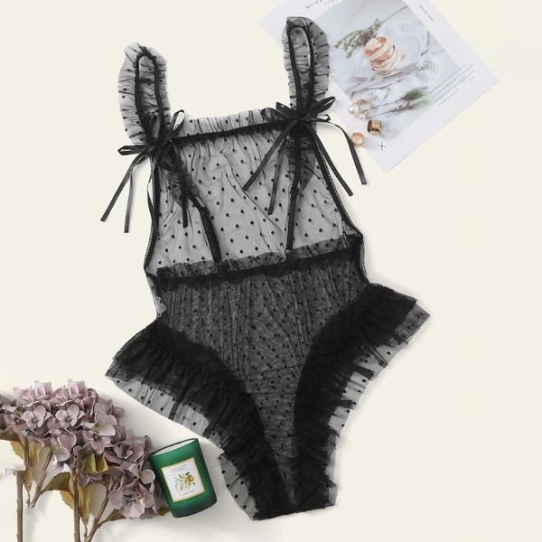 

new fashion women plus size lace mesh black lingerie one peice dot printed underwear sleepwear teddy intimates set exotic1, Red;black