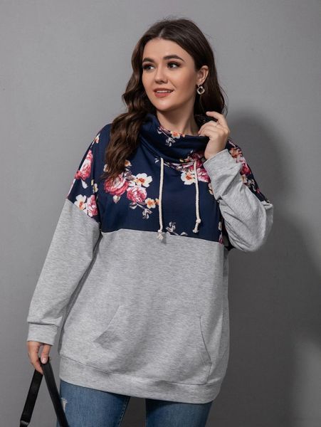 

plus colorblock floral print drop shoulder drawstring cowl neck sweatshirt g9pl#, Black