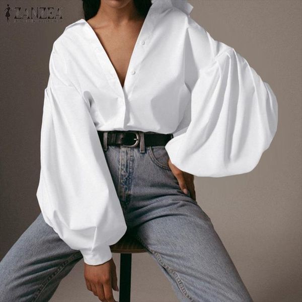 

fashion puff sleeve shirts womens spring blouse 2020 zanzea casual button down blusas female solid plus size tunic 3xl, White