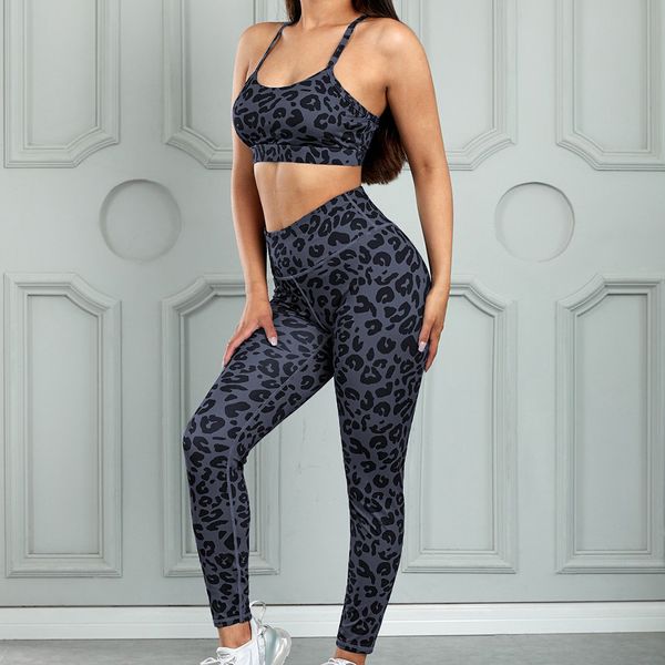 

new yoga suit new yoga tight running fitness sport leopard print suit women's fitness suit, Gray