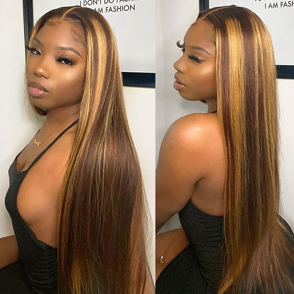 100% Virgin Human Hair 10A Destaque Ombre P4 / 27 Silky Straight 13x4 Transparente Renda Frontal Wig