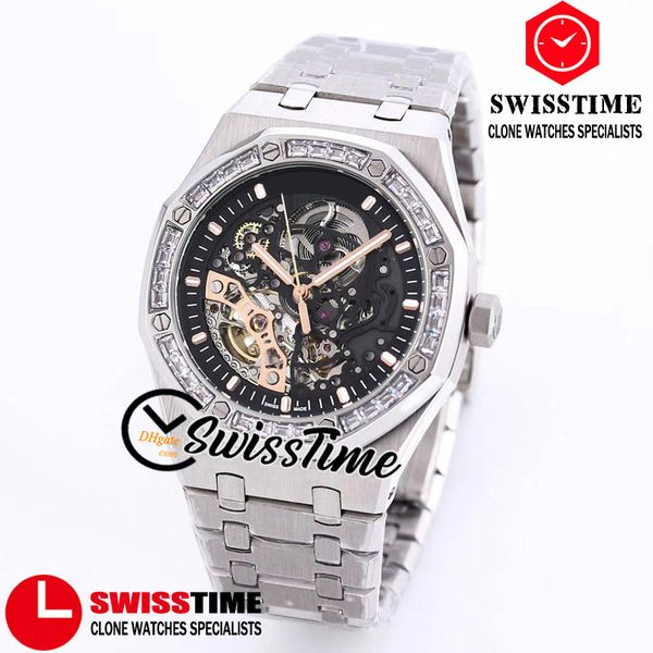 

sale new 41mm 15412 automatic mens watch skeleton tourbillon dial stainless steel bracelet diamond bezel sport watches swisstime a10b, Slivery;brown