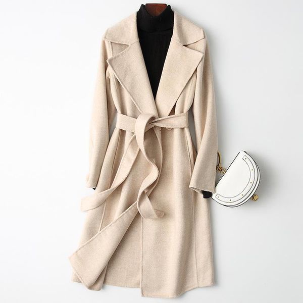 

women's wool & blends 100% merino woolen coat women with belt open stitch design 2021 cashmere long elegant turn down collar winter war, Black
