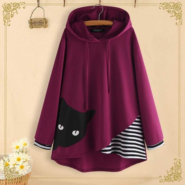 

m 5xl autumn sweatshirts casual hoodies striped patchwork sweatshirt women long sleeve vintage cartoon cat print pullover female1, Black