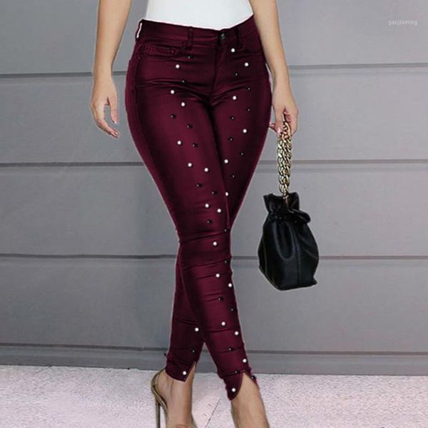 

high waist beaded slit pants women skinny casual pencil pants1, Black;white