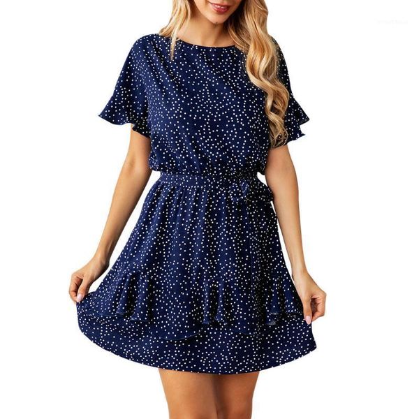 

fashion new spring 2020 ladies print round neck button lace up ruffle dress women summer dot printing o neck short sleeve dress1, Black;gray