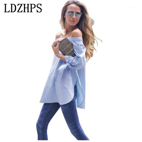 

wholesale- ldzhps women blue bow tie loose blouse plus size slash neck off shoulder stripe long shirts fashion casual summer 20171, White