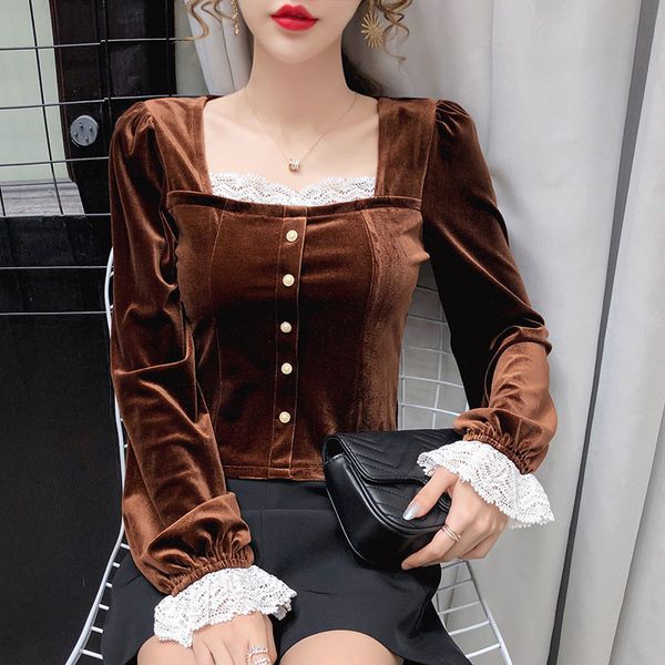 

2021 new square collar lace korean fashion clothing puff sleeves new solid retro blouse casual fall women xrq4, White