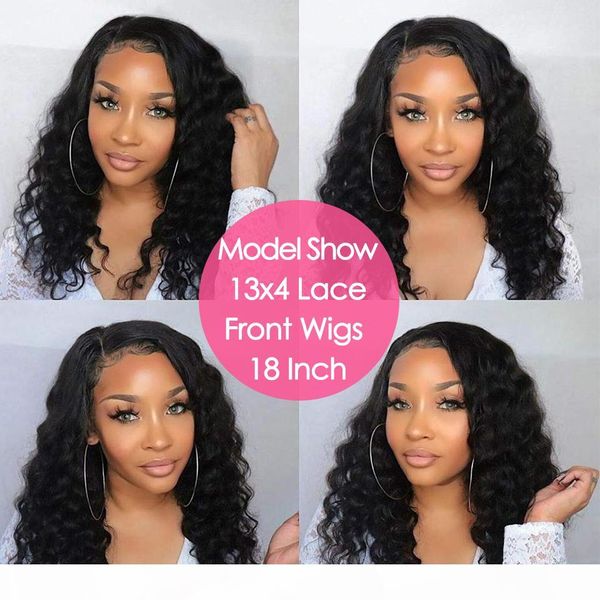 

30 inch 13x4 lace front wigs loose deep wave brazilian natural color remy human hair t part lace wig for black women, Black;brown