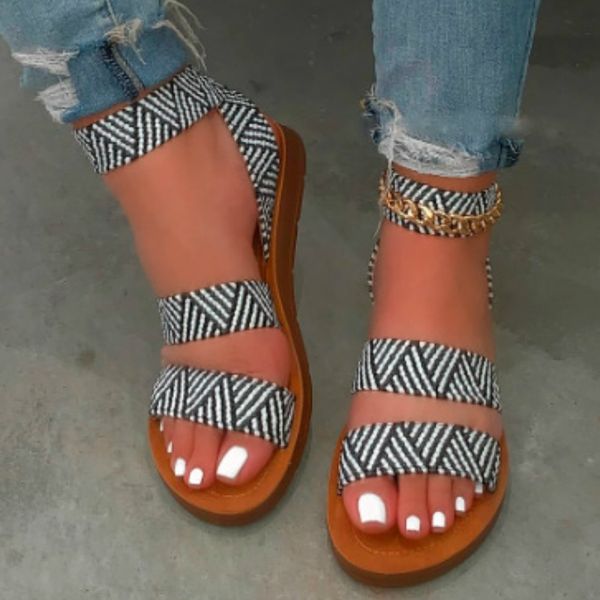 

flat sandals for women cross tie ankle strap striped leapard elastic band fashion casual outdoor beach party female ladies shoes, Black