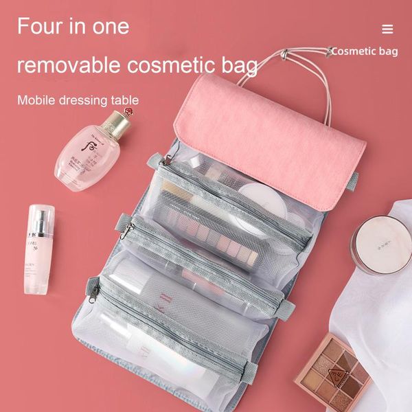 

detachable make-up bag foldable box large capacity 4-room travel portable inner zipper cosmetic pack with handle grey/pink