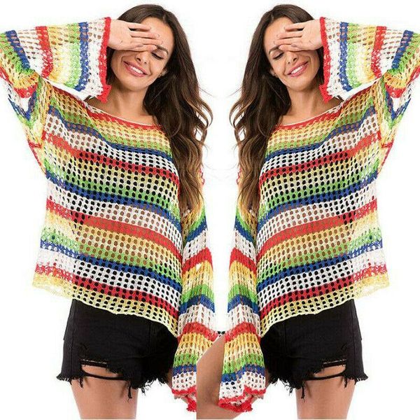

fashion ladies long sleeve see through pullover female casual crew neck women multicolored jumper blouses plus size1, White;black